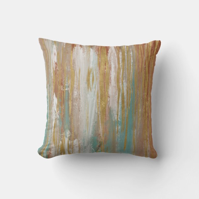 Turquoise, White, Red Ochre and Gold Abstract Throw Pillow (Front)
