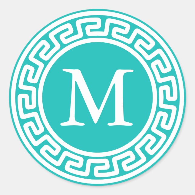 Turquoise White Round Greek Key Border Monogram Classic Round Sticker (Front)