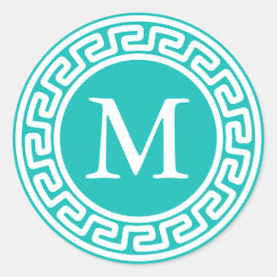 Turquoise White Round Greek Key Border Monogram Classic Round Sticker