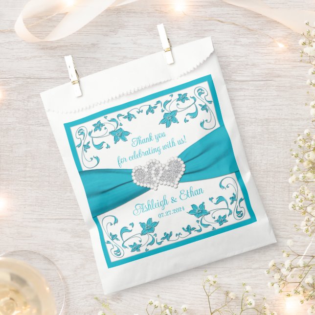 Turquoise, White, Silver Love Hearts Wedding Favor Bag (Clipped)