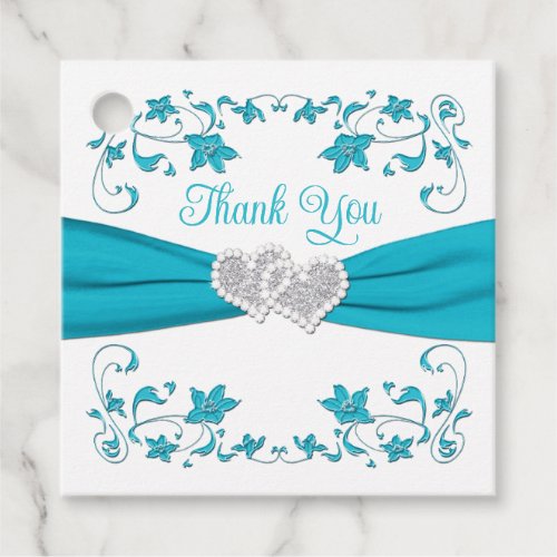 Turquoise White Silver Love Hearts Wedding Favor Tags