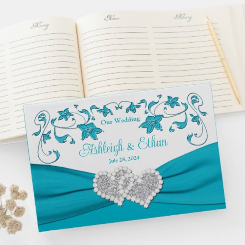 Turquoise White Silver Love Hearts Wedding Guest Book