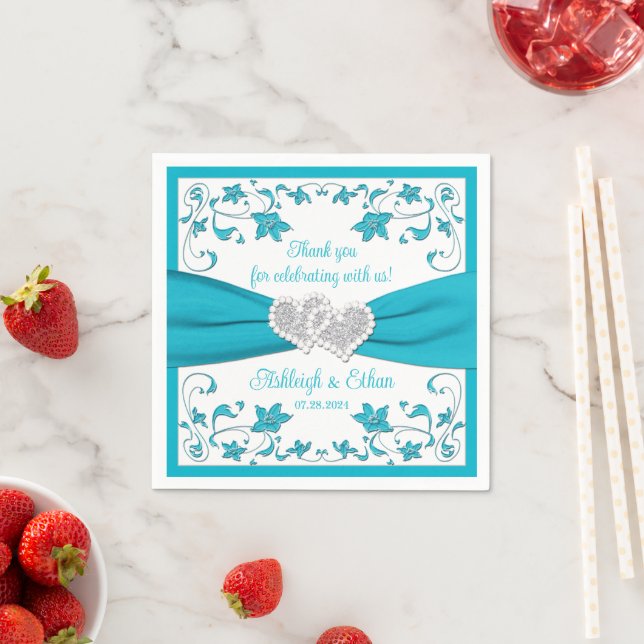 Turquoise, White, Silver Love Hearts Wedding Napkins (Insitu)