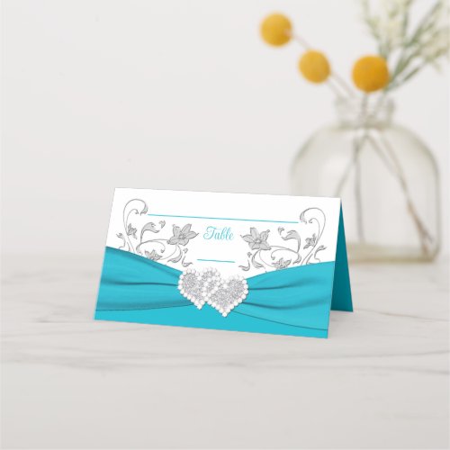 Turquoise White Silver Love Hearts Wedding Place Card