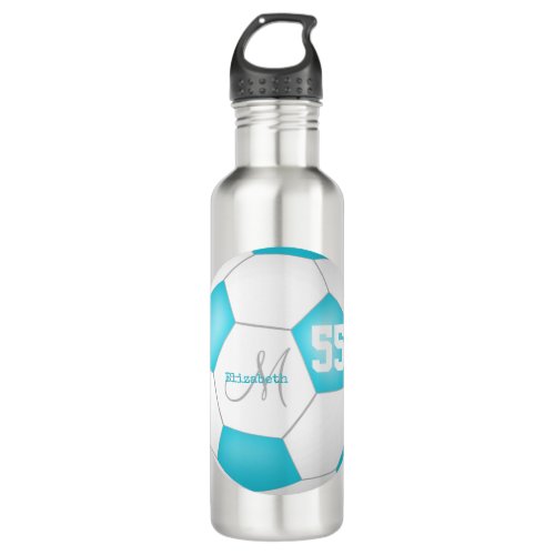 turquoise white soccer girl name jersey number stainless steel water bottle