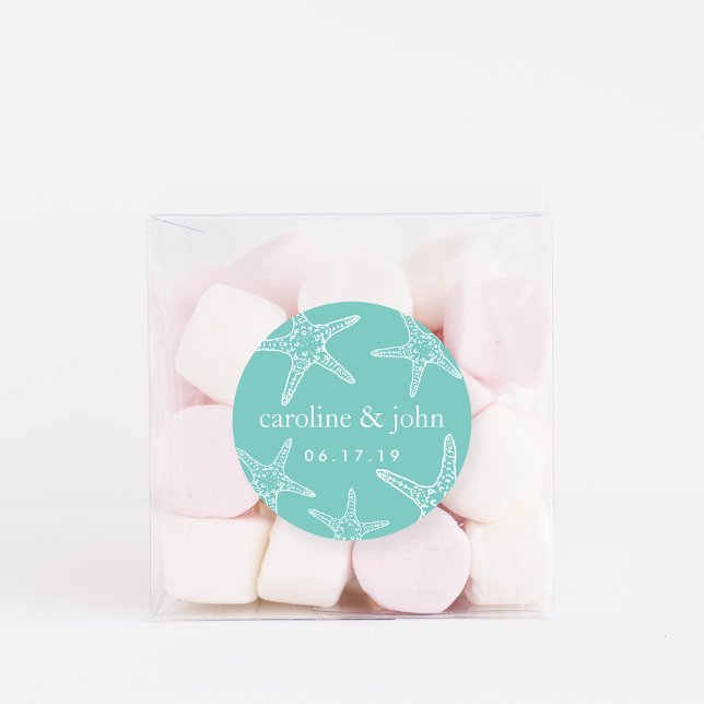 Turquoise & White Starfish Personalized Wedding Classic Round Sticker (Creator Uploaded)