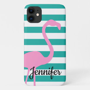 Turquoise White Stripe Personalized Pink Flamingo iPhone 11 Case