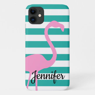 Turquoise White Stripe Personalized Pink Flamingo iPhone 11 Case