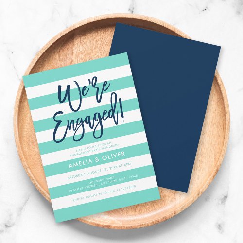 Turquoise White Stripes Blue Engagement Party Invitation