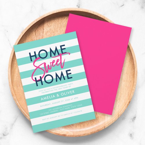 Turquoise  White Stripes Pink Housewarming Party Invitation