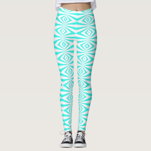 Turquoise  White Stylish op Art Geometric Pattern Leggings