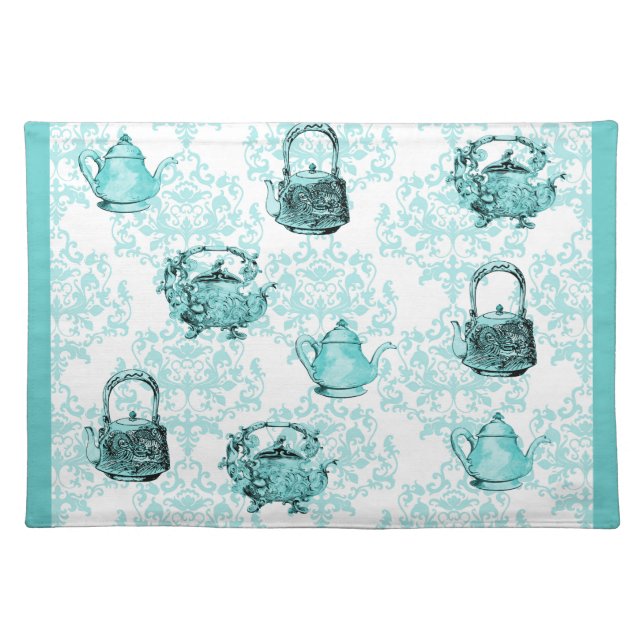 Turquoise & White Tea Pots and Damask Placemat (Front)