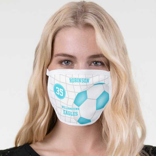 turquoise white team name player number soccer face mask