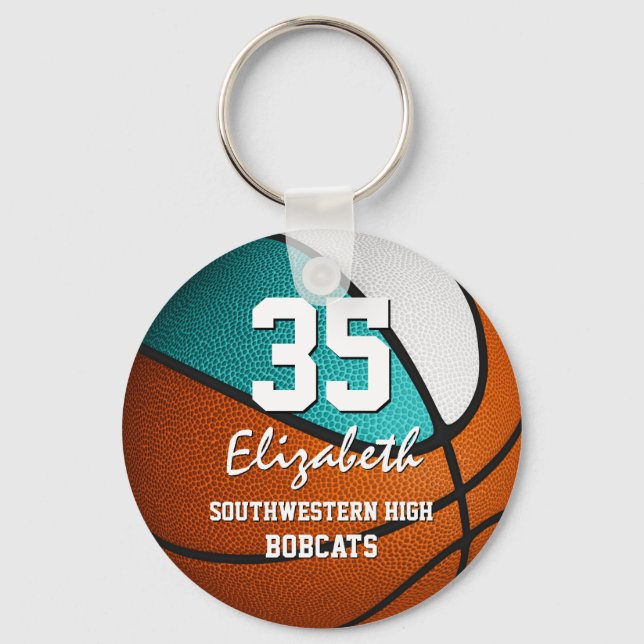 Turquoise white team spirit girls basketball keychain (Front)