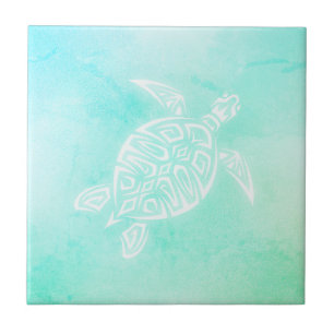 Turquoise White Turtle Coastal Maritime Watercolor Ceramic Tile