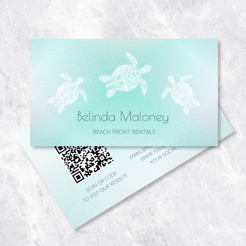 Turquoise White Turtle Scan QR Code Business Card
