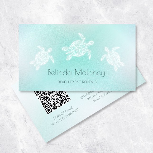 Turquoise White Turtle Scan QR Code Business Card (Creator Uploaded)