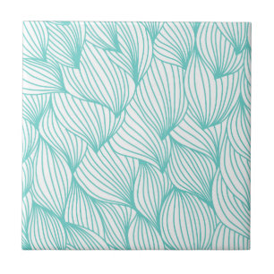 Turquoise White Waves Delicate Natural Artist Ceramic Tile
