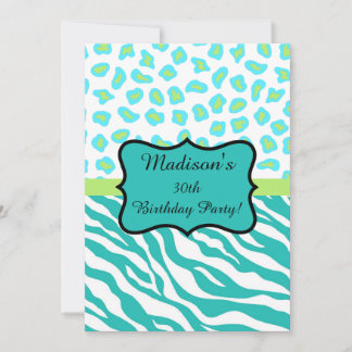 Turquoise White Zebra Leopard 30th Birthday Party Invitation