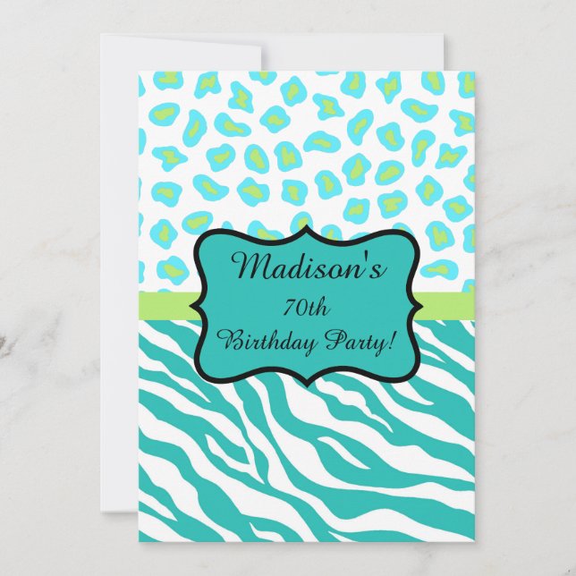 Turquoise White Zebra Leopard 70th Birthday Party Invitation (Front)