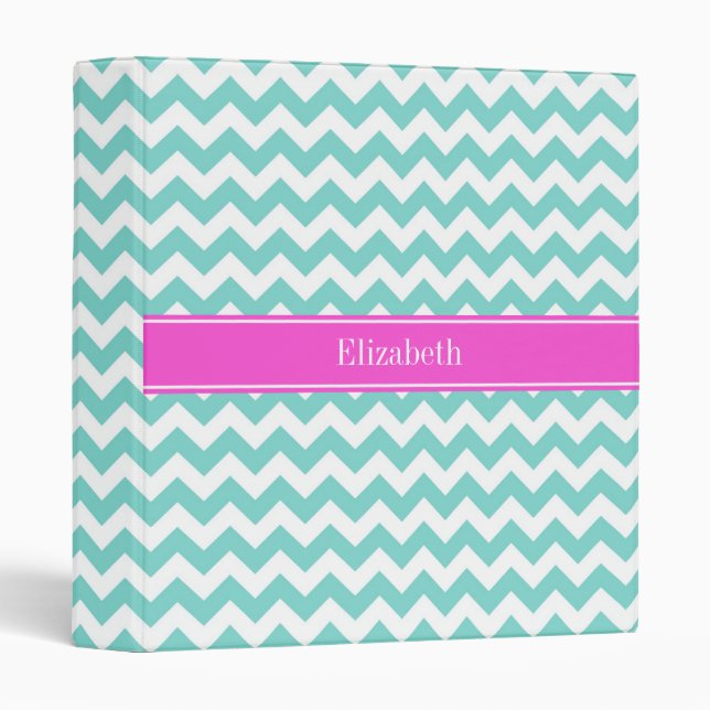 Turquoise Wht Chevron Hot Pink Name Monogram 3 Ring Binder (Front/Spine)
