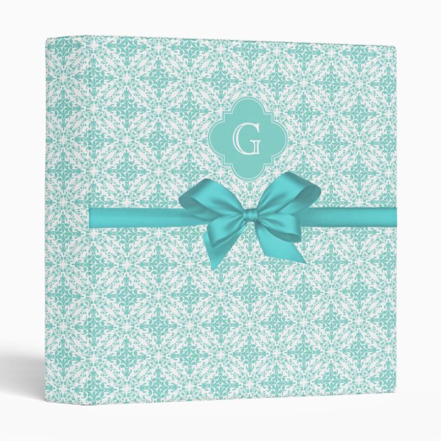 Turquoise Wht Damask #2 Turquoise Label Bow 3 Ring Binder (Front/Spine)