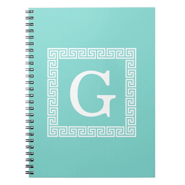 Turquoise Wht Greek Key Frame #1 Initial Monogram Notebook (Front)