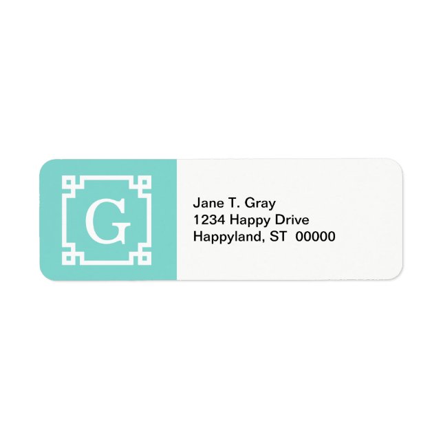 Turquoise Wht Greek Key Frame #2 Initial Monogram Label (Front)
