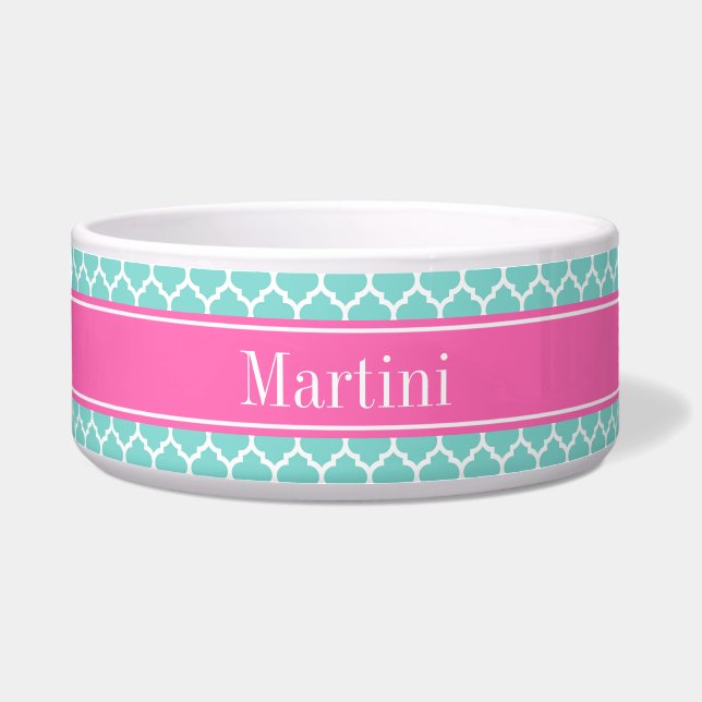 Turquoise Wht Moroccan #5 Hot Pink2 Name Monogram Bowl (Front)