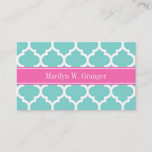 Turquoise Wht Moroccan #5 Hot Pink2 Name Monogram Business Card (Front)