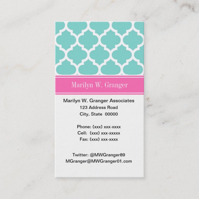 Turquoise Wht Moroccan #5 Hot Pink2 Name Monogram Business Card (Front)