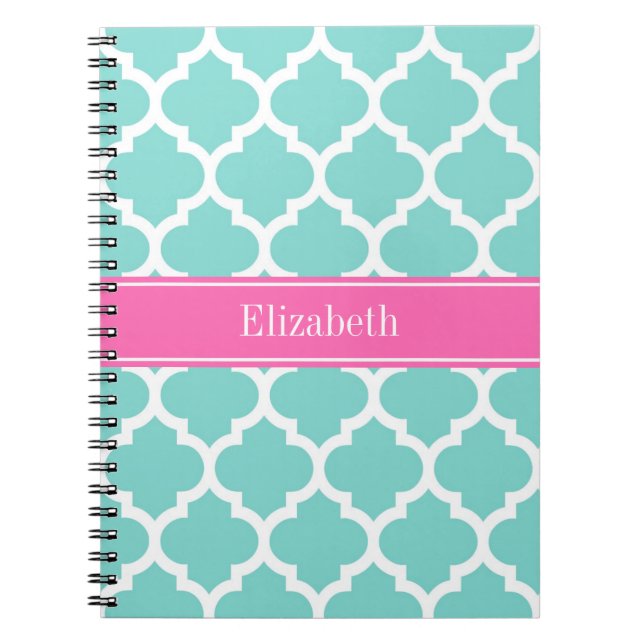 Turquoise Wht Moroccan #5 Hot Pink2 Name Monogram Notebook (Front)