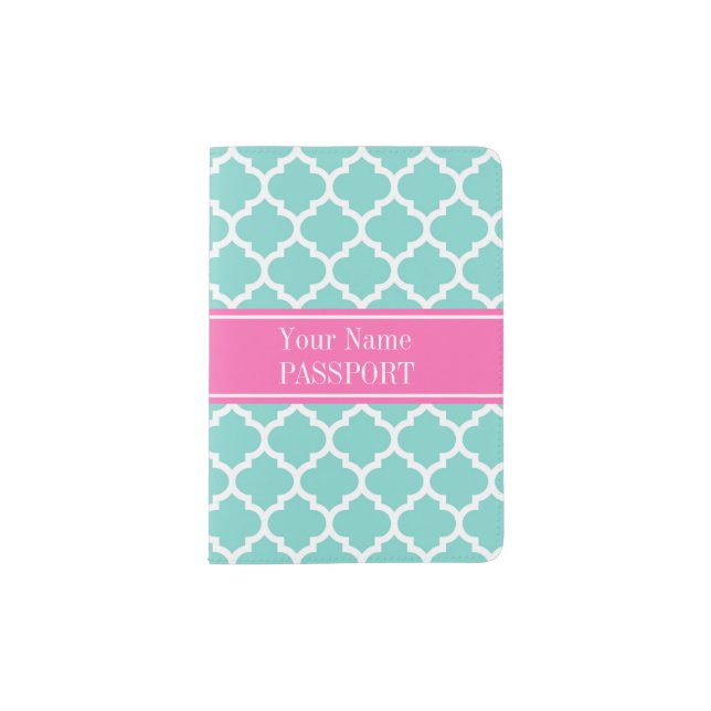 Turquoise Wht Moroccan #5 Hot Pink2 Name Monogram Passport Holder (Front)