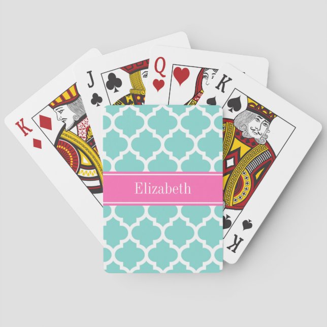 Turquoise Wht Moroccan #5 Hot Pink2 Name Monogram Poker Cards (Back)
