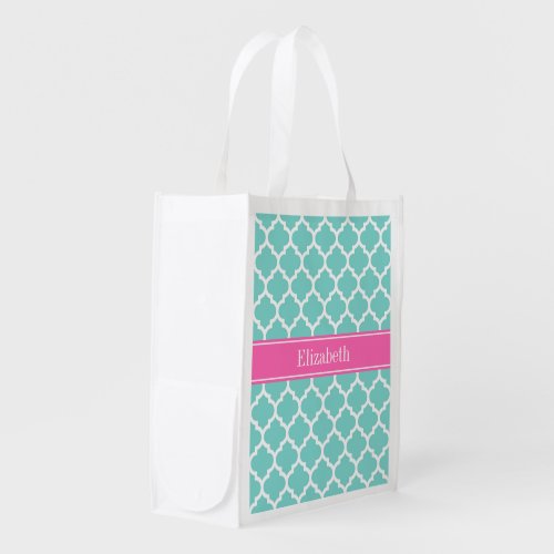 Turquoise Wht Moroccan 5 Hot Pink2 Name Monogram Reusable Grocery Bag