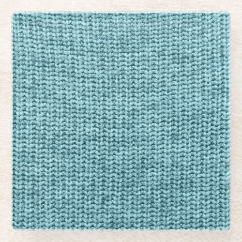 Turquoise Winter Knitted Sweater Texture Glass Coaster