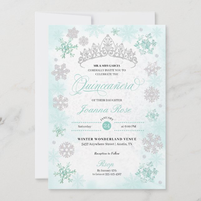 Turquoise Winter Wonderland Snowflake Quinceanera Invitation (Front)