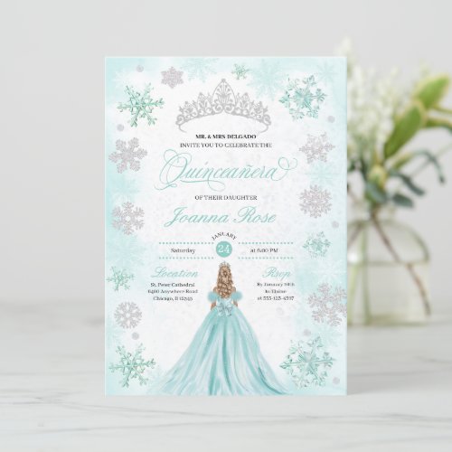 Turquoise Winter Wonderland Snowflake Quinceanera Invitation