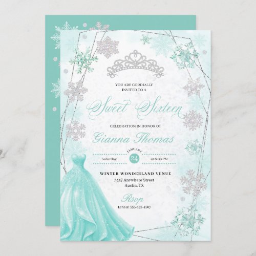 Turquoise Winter Wonderland Snowflake Sweet 16 Invitation