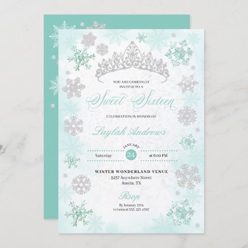 Turquoise Winter Wonderland Snowflake Sweet 16 Invitation