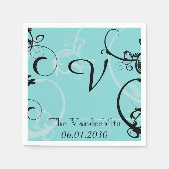Turquoise with Black Flourish Monogram Wedding Paper Napkins (Front)