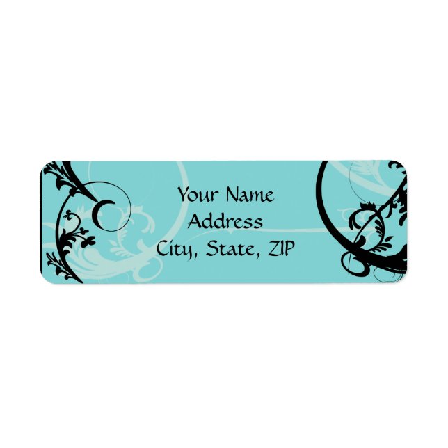 Turquoise with Black Swirl Flourish Embellishment Label (Front)