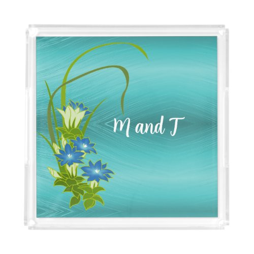 Turquoise With BlueWhite Flowers Acrylic Tray