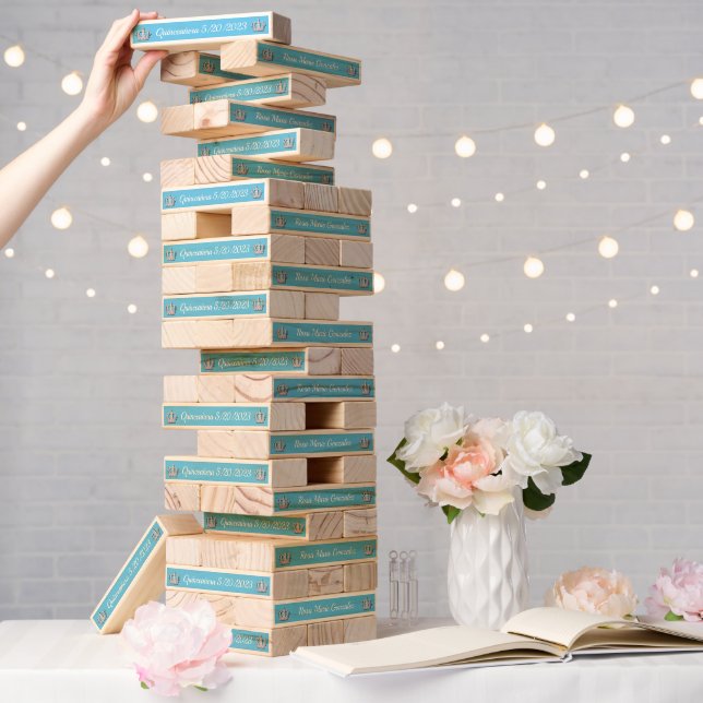 Turquoise with Crowns Quinceañera Themed Topple Tower (Wedding)