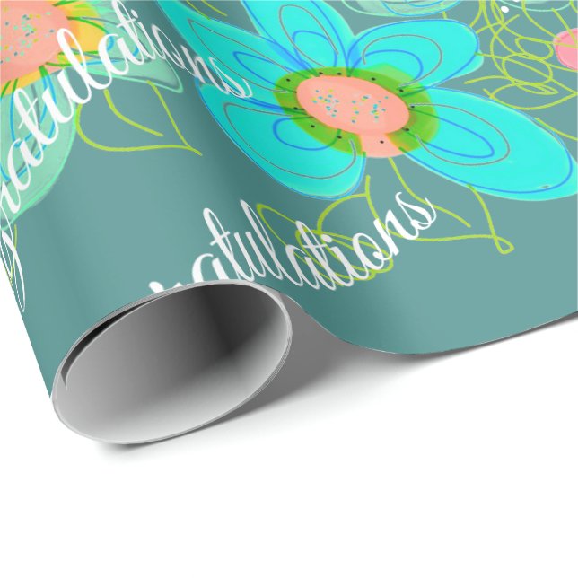 Turquoise With Floral Design Wrapping Paper (Roll Corner)
