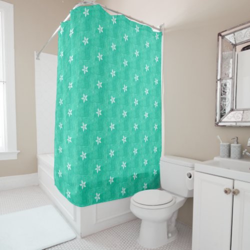 Turquoise with white flower shower curtain