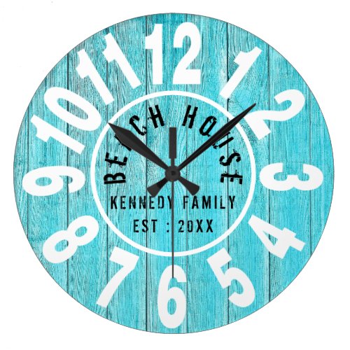 Turquoise Wood Beach House Black  Big Numbers Large Clock