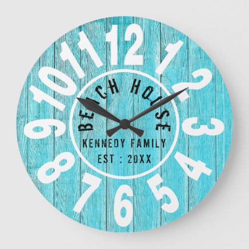 Turquoise Wood Beach House Black  Big Numbers Large Clock