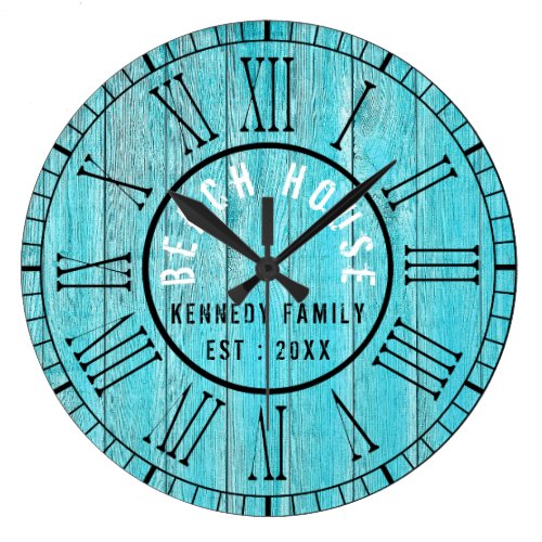 Turquoise Wood Beach House Black Roman Numeral Large Clock
