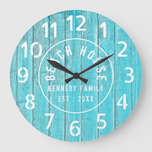 Turquoise Wood Beach House White Large Numbers Clock (Front)